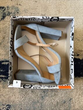 Brash Light Blue Suede Block Heel Sandals